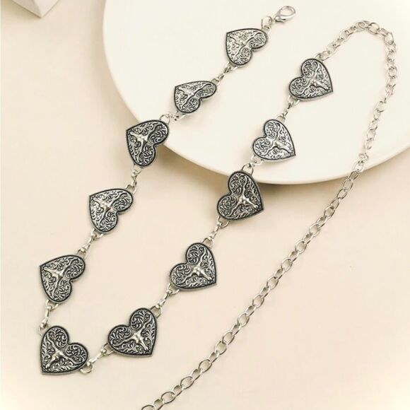 SALE Silver Vintage Western Bohemian Heart Chain Belt - Picture 2 of 6